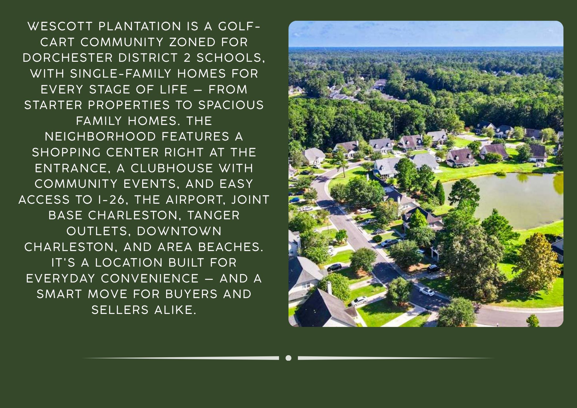 Tucked in Summerville, SC, Wescott Plantation is one of the Charleston area's most sought-after neighborhoods — and one of the most affordable in the entire Tri-County area. With a mix of houses a (3)